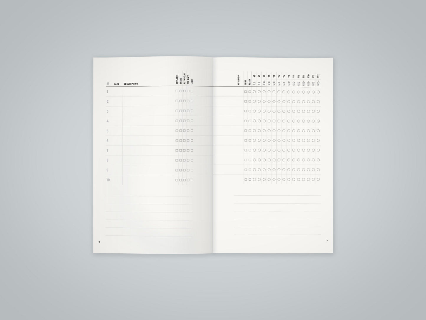 Inside spread of the 500 Climbs Log Book showing the dot-grade climb tracking system