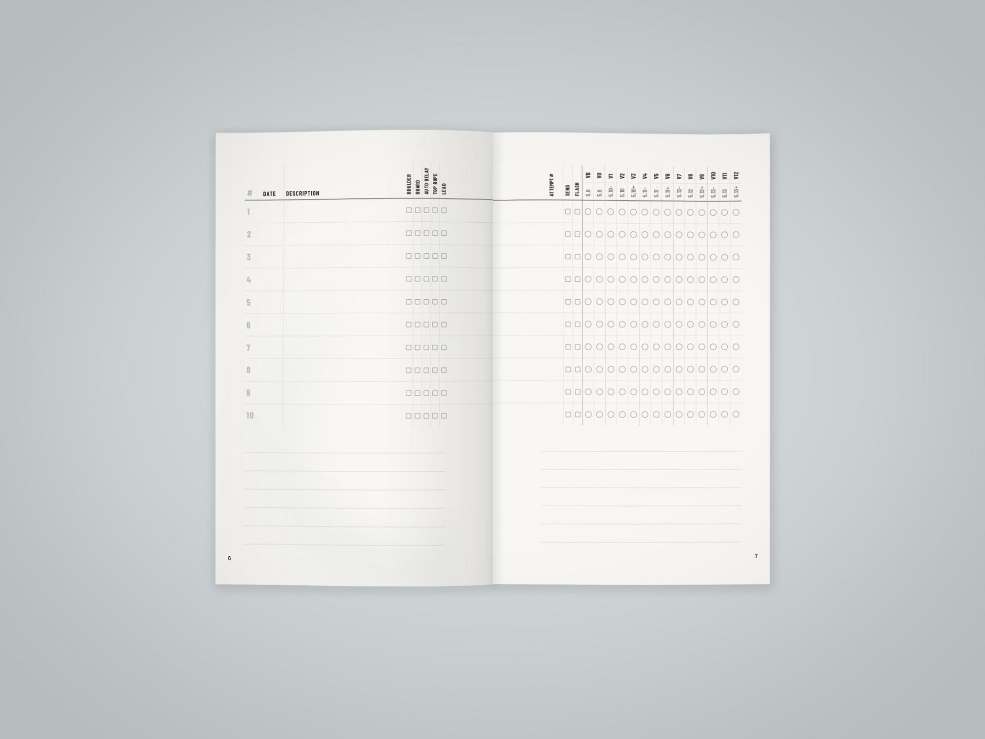 Inside spread of the 500 Climbs Log Book showing the dot-grade climb tracking system