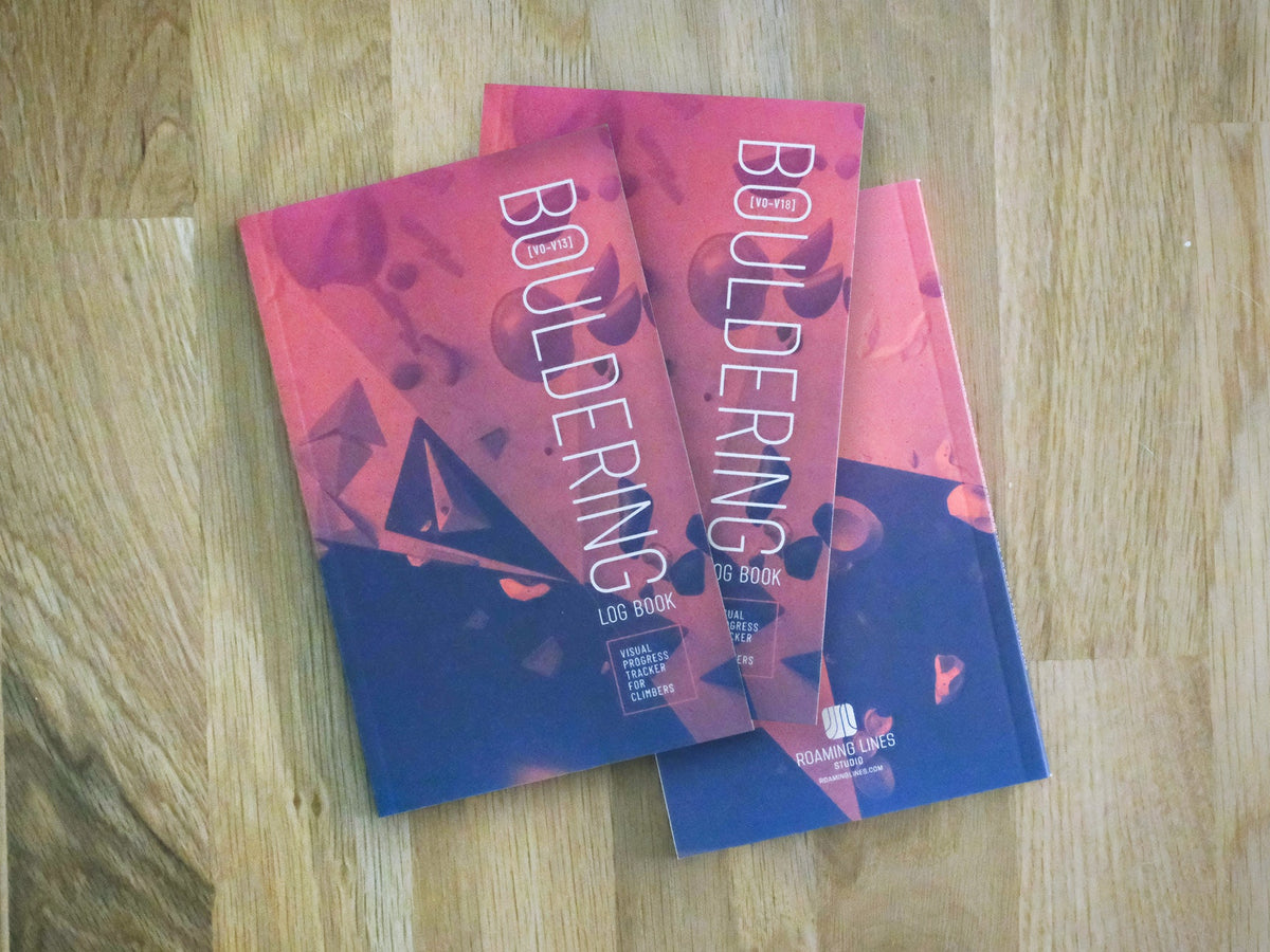 Three copies of "Bouldering Log Book" - one V0–V13 version, one V0-V18 version, and one showing the back cover with the Roaming Lines Studio mark. 