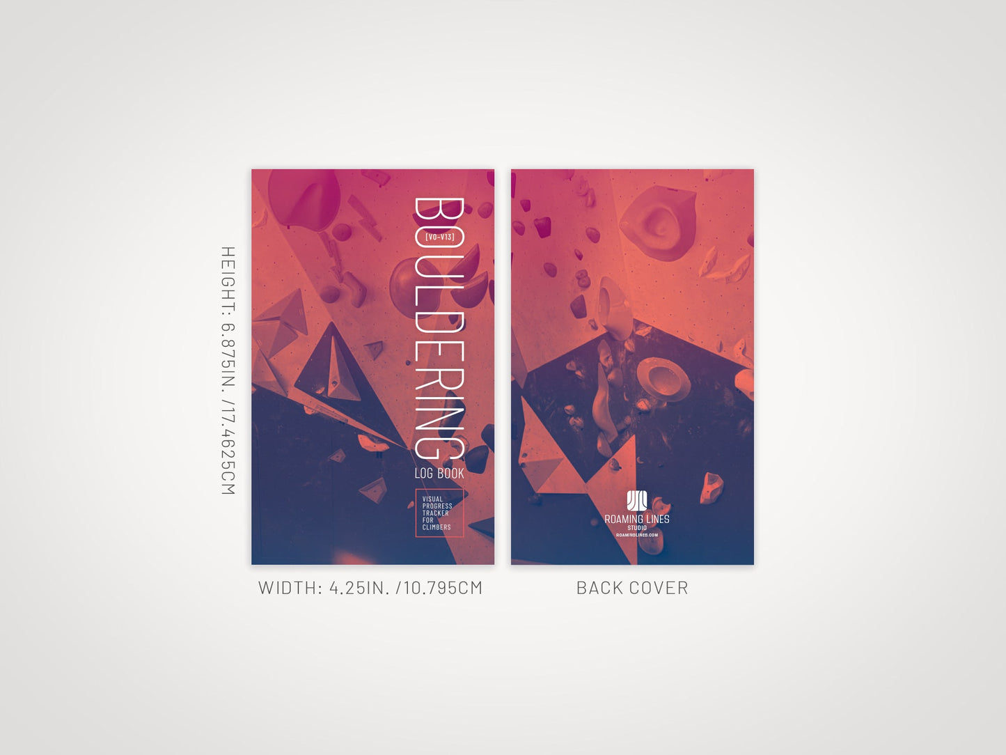 Bouldering Log Book specifications — 108 pages, pocket book size, matte perfect-bound paperback