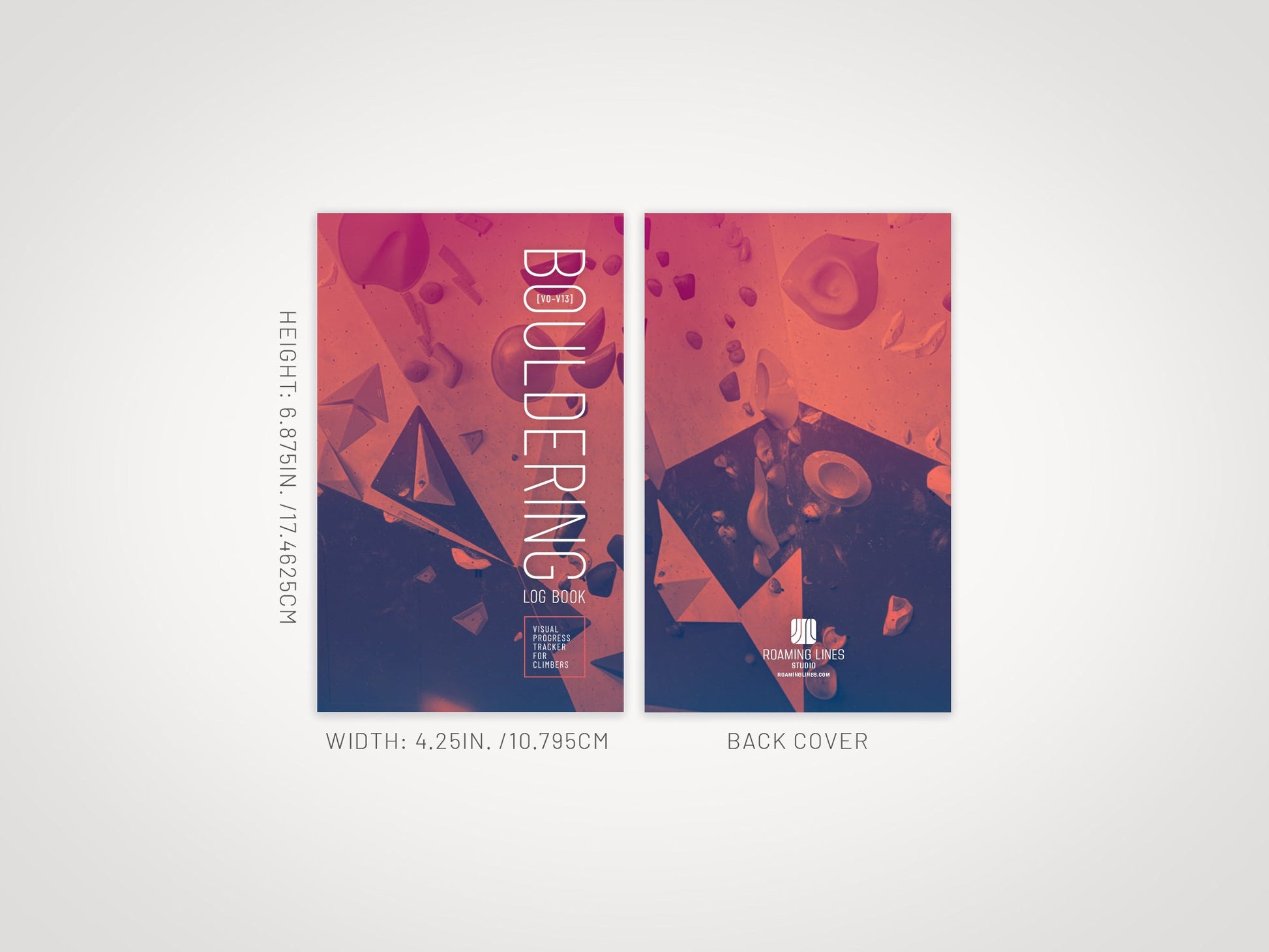 Bouldering Log Book specifications — 108 pages, pocket book size, matte perfect-bound paperback