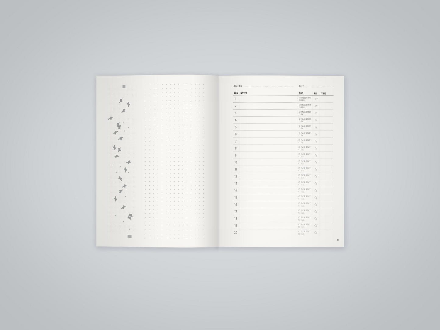 Inside spread of the FASTER Speed Climbing Log Book showing the speed wall diagram and run-time log
