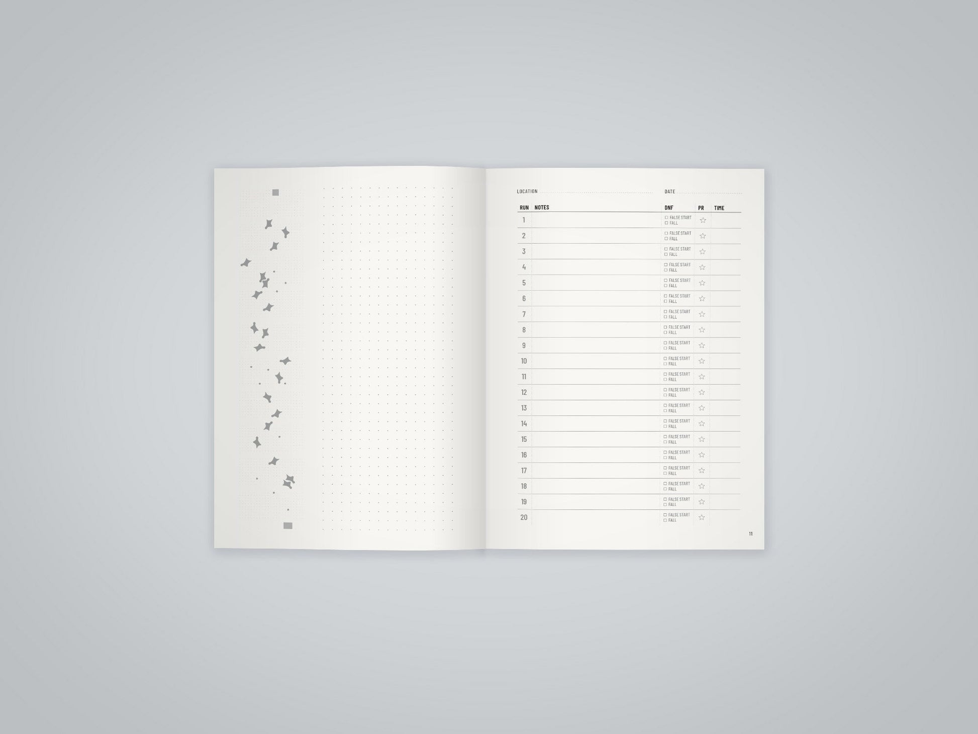 Inside spread of the FASTER Speed Climbing Log Book showing the speed wall diagram and run-time log