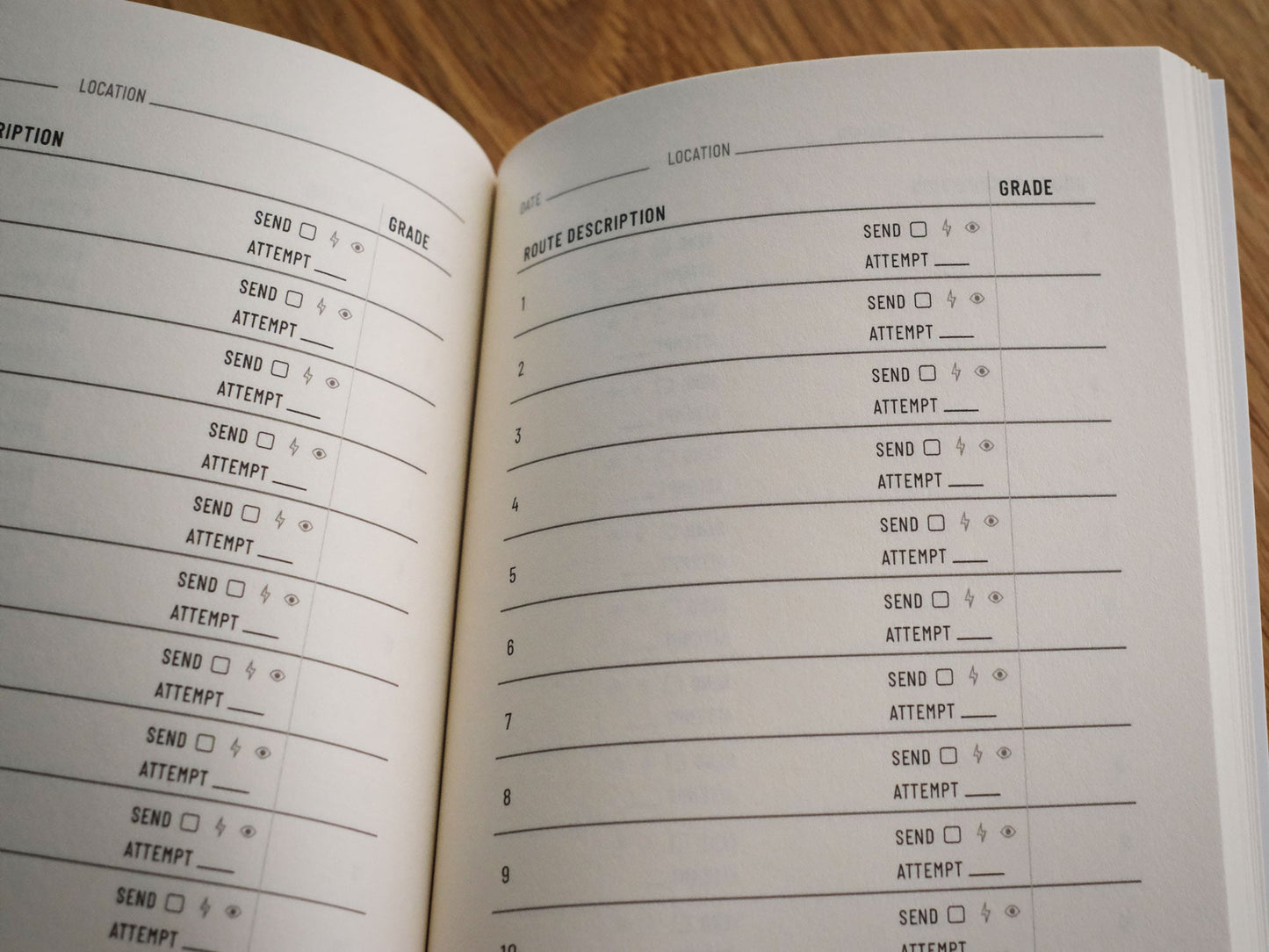 Inside page of the Sport Climbing Log Book showing a filled-in tick list entry