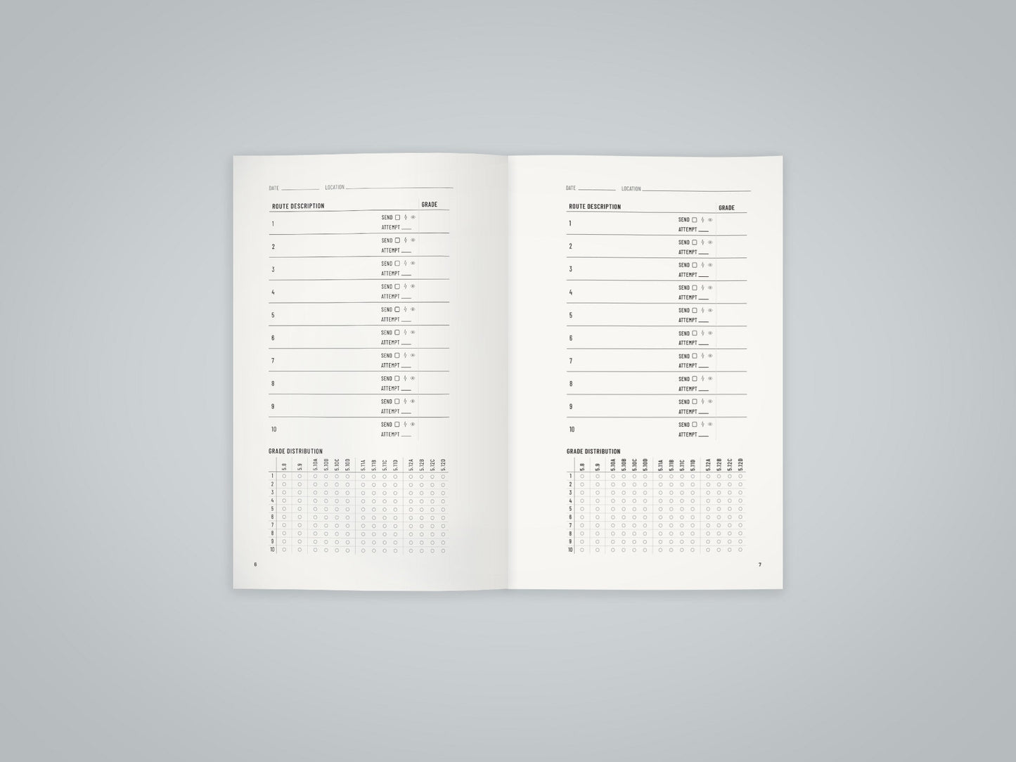 Inside spread of the Sport Climbing Log Book showing the YDS grade tracking system