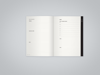 Inside spread of the STRONGER Training Planner showing the weekly session log pages
